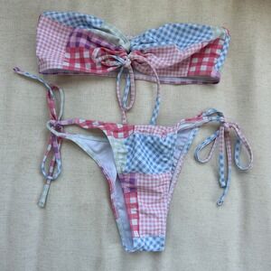 Patchwork Print Pastel Bikini matching top‎ and bottom Strapless Cheeky S / XS
